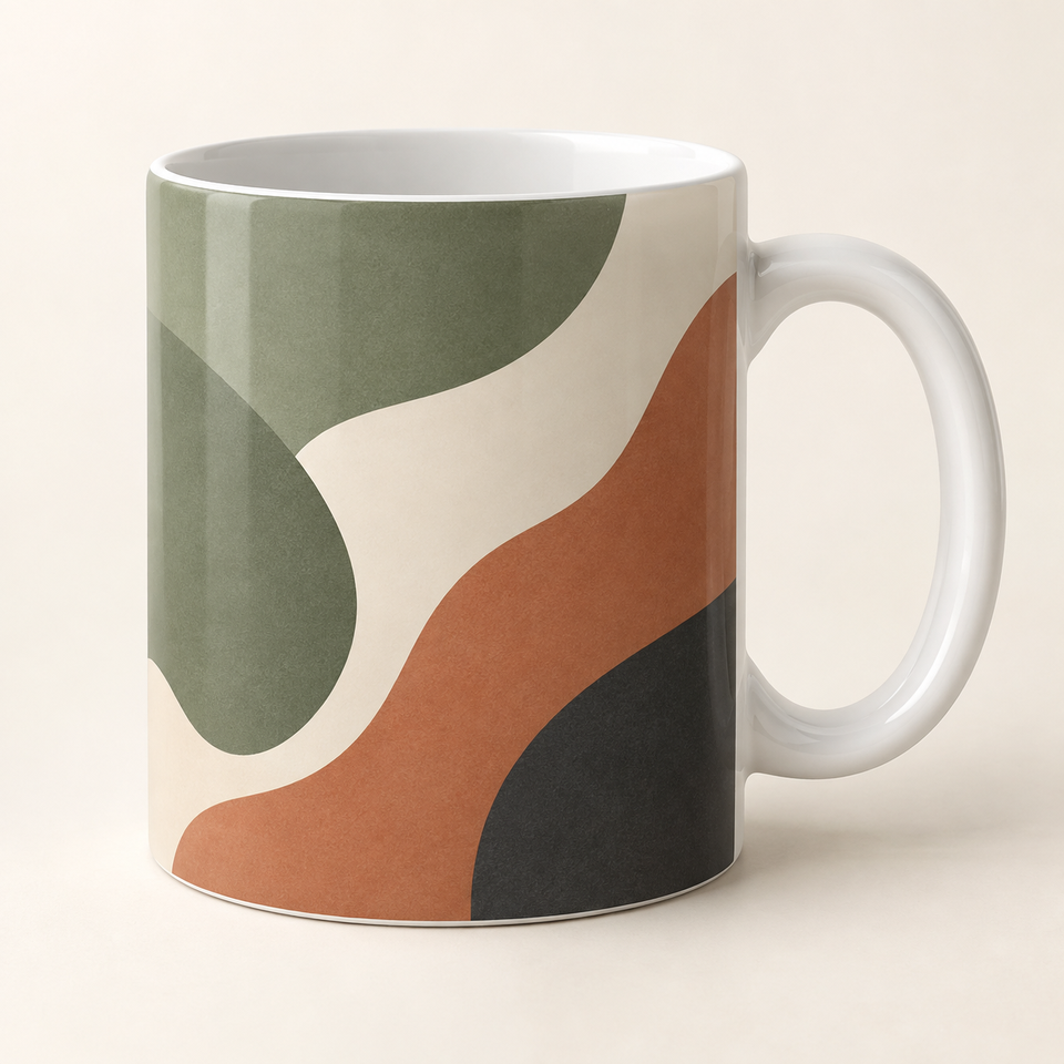 White mug mockup with a curved handle and wraparound sage, cream, terracotta, and charcoal waves
